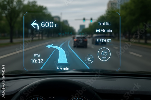 Futuristic augmented reality heads up display navigation interface showing driving directions traffic speed and estimated time of arrival on smart windshield in modern city environment