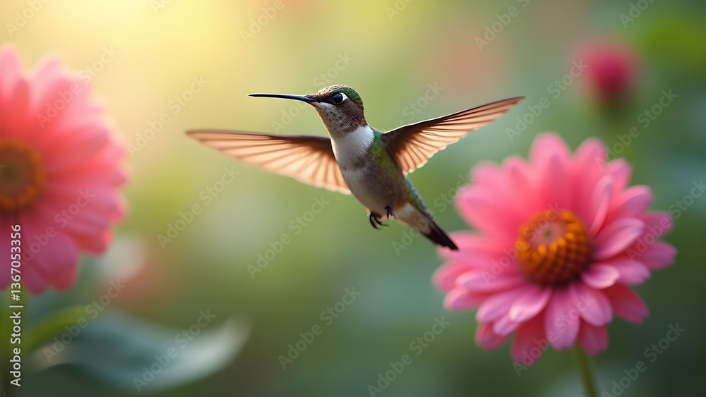 Naklejka premium Hummingbird in Flight near Pink Flowers, close-up view of a Ruby-throated hummingbird hovering in a vibrant garden