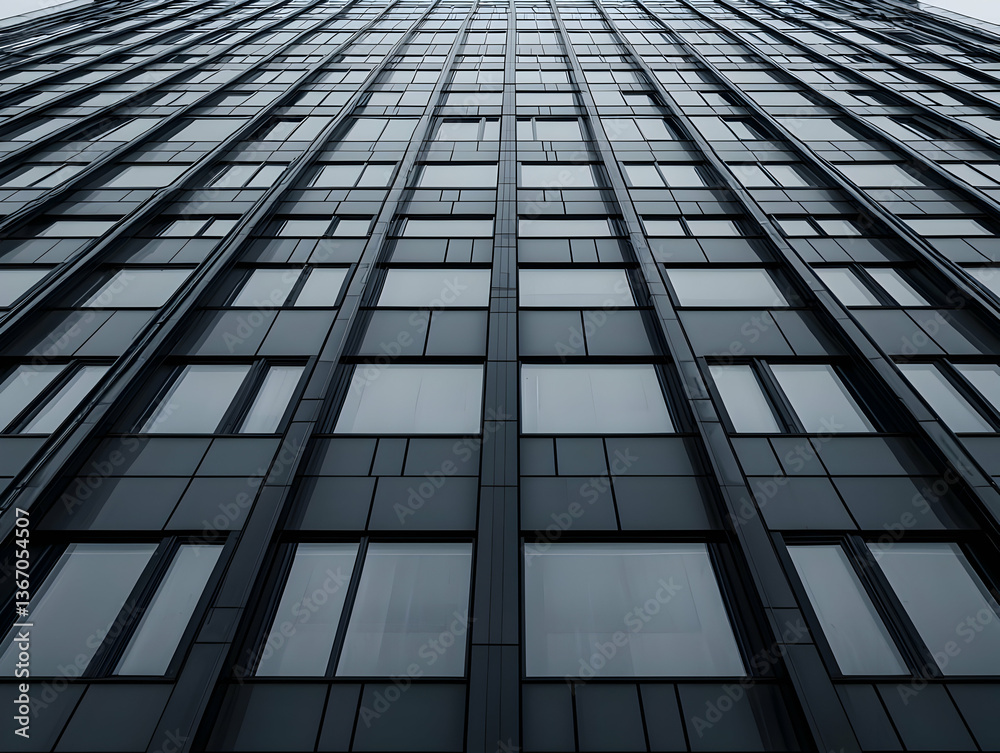 Dark Grey Modern Building Facade with Geometric Windows Dark Grey Modern Building Facade with Geometric Windows