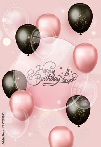Happy birthday greeting card, poster, background with pink, black, transparent balloons