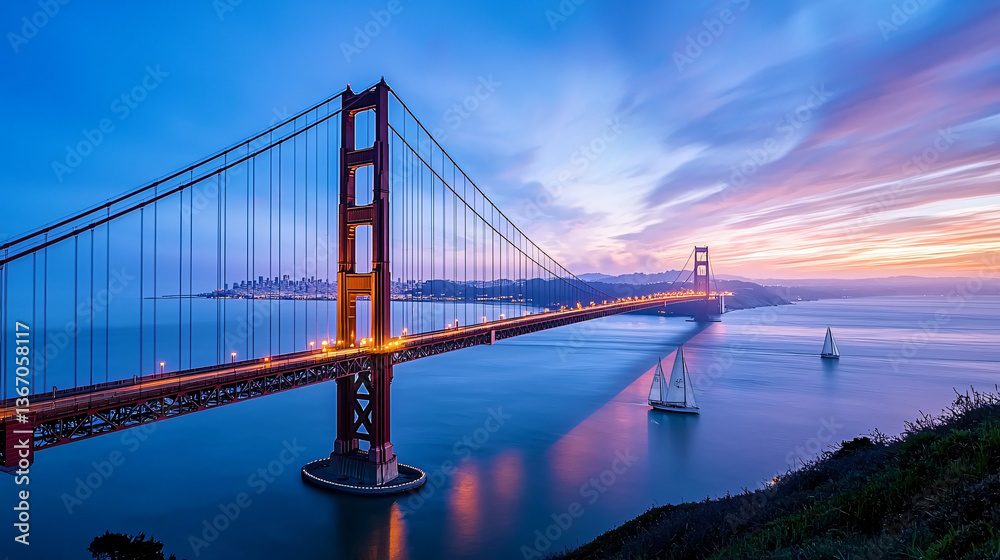 Fototapeta premium Golden Gate Bridge at Twilight with Boats on Bay Landscape Scenic View San Francisco Cityscape Beauty