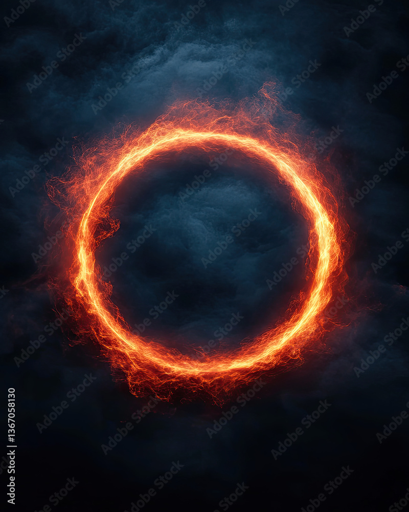 Fototapeta premium A glowing orange circle of fire contrasts with a dark, cloudy background, evoking a sense of mystery and intensity.