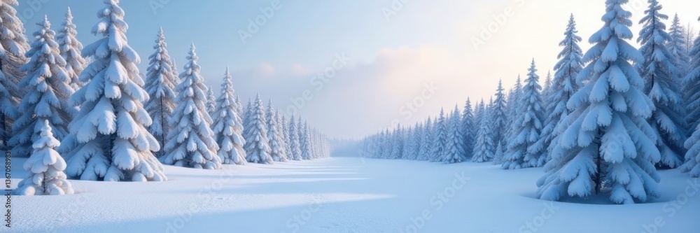 Snowy landscape with tall trees frozen in ice, calm , winter Snowy landscape with tall trees frozen in ice, calm , winter