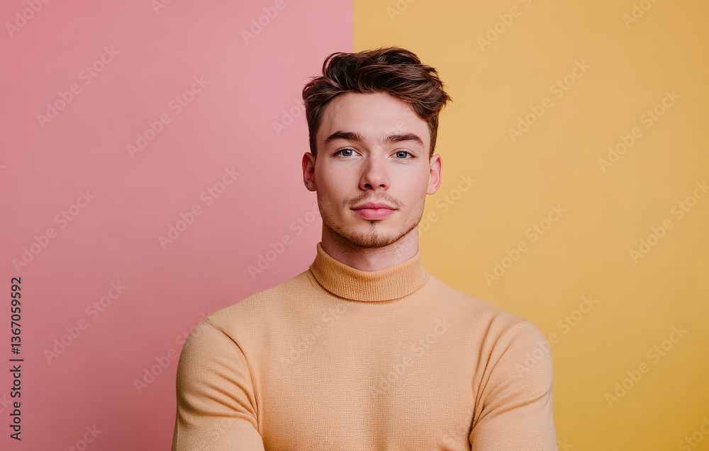 Stylish Young Man in Turtleneck Sweater Against Colorful Background Stylish Young Man in Turtleneck Sweater Against Colorful Background