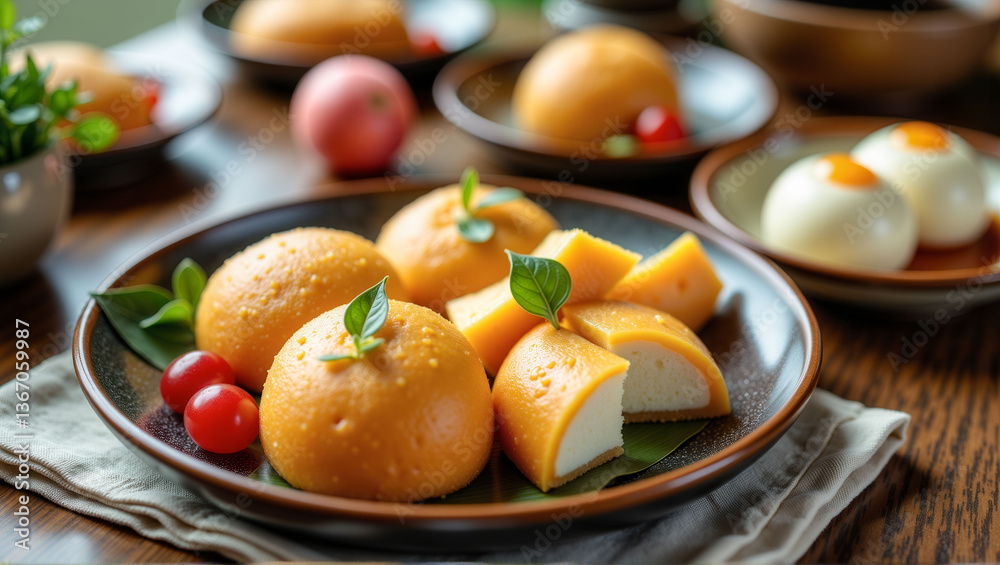 A plate of food with a variety of items including a yellow pastry and a slice of cheese. The plate is set on a table with a cloth underneath A plate of food with a variety of items including a yellow pastry and a slice of cheese. The plate is set on a table with a cloth underneath