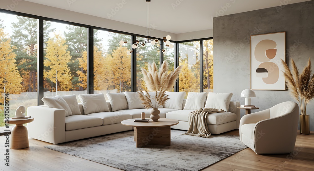 Fototapeta premium Minimalist home interior design of modern living room with concrete wall. 