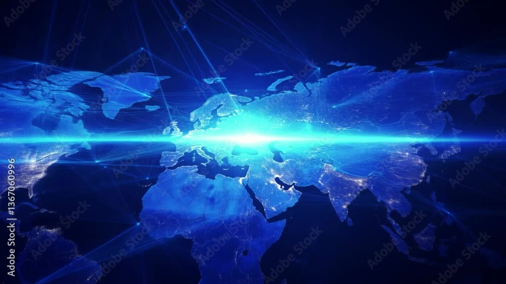 Visualize global interconnectedness: A stylized globe rotates amidst a glowing network of lines symbolizing connections and data transfer, highlighting the modern, technological, and interconnected wo