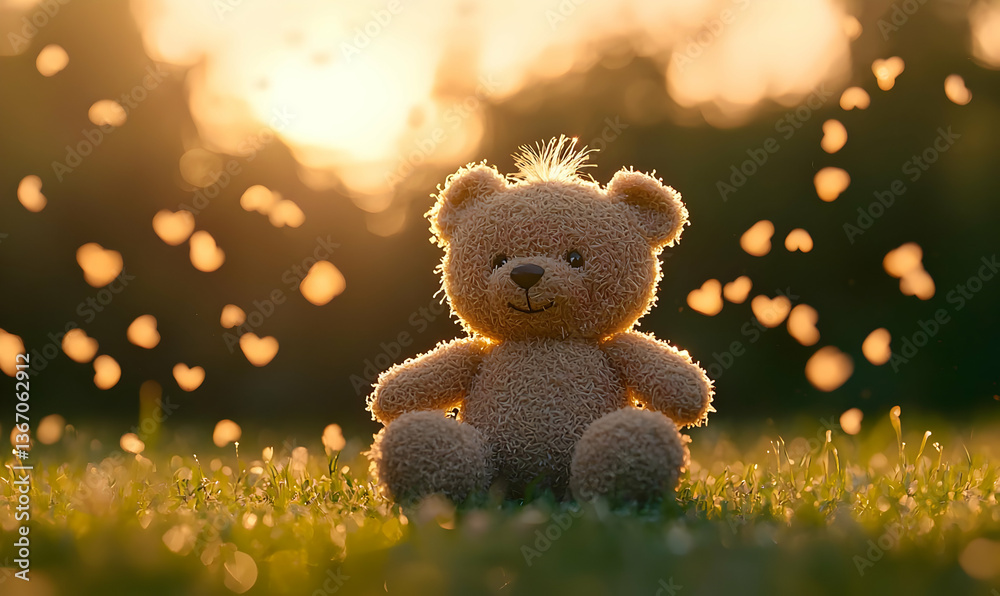 Adorable Fluffy Teddy Bear Surrounded by Hearts at Sunset Adorable Fluffy Teddy Bear Surrounded by Hearts at Sunset