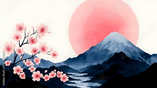 Serene Japanese Ukiyo-e Inspired Print of Cherry Blossoms and Mountains