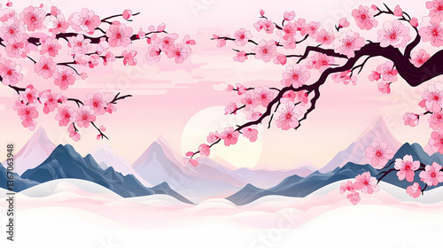Serene Japanese Ukiyo-E Inspired Print with Cherry Blossoms and Mountains