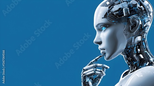 Futuristic humanoid robot with digital circuits and blue background