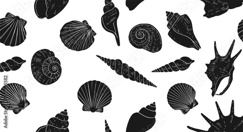 Hand drawn vector illustrations - seamless pattern of seashells. Marine background. Perfect for invitations, greeting cards, posters, prints, banners, flyers