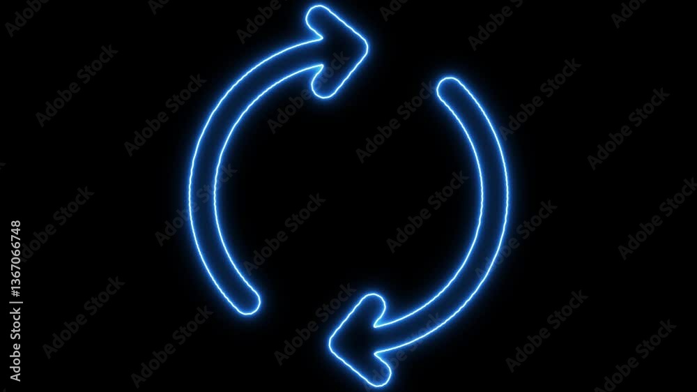 Neon arrow loading icon animation. Neon arrow sign rotation on black background
