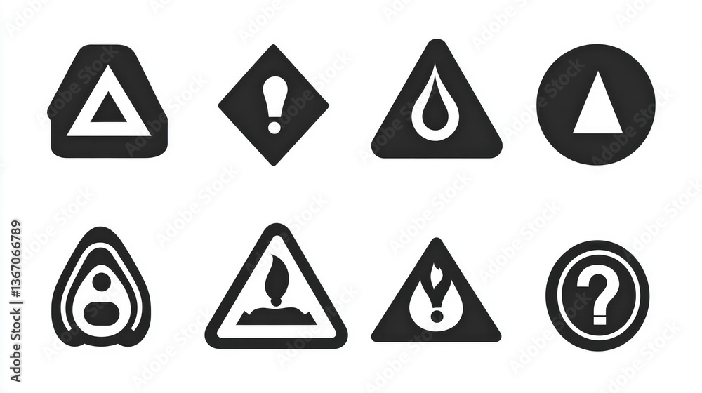 Hazard symbol in black and white color with exclamation symbol in different shapes stroke style. Caution symbols set with exclamation mark in various shapes. Danger warning icon set Hazard symbol in black and white color with exclamation symbol in different shapes stroke style. Caution symbols set with exclamation mark in various shapes. Danger warning icon set