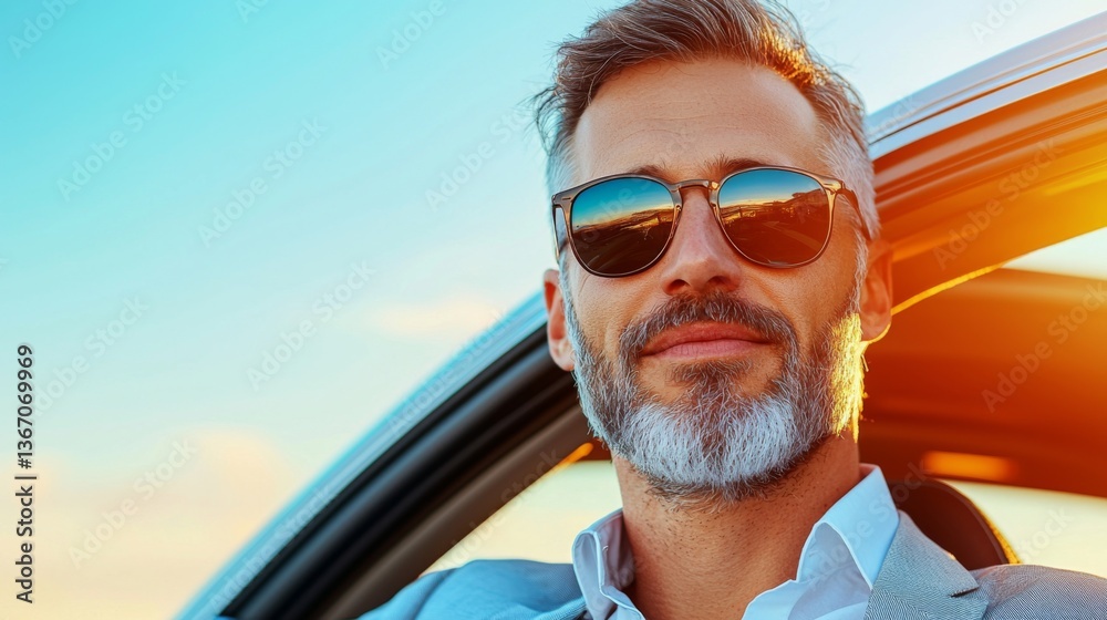 Confident man in sunglasses leaning against a car during sunset
