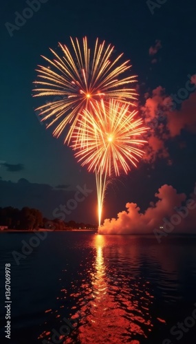 A burst of yellow fireworks illuminates the dark canvas of the evening sky with intense radiance and vibrant colors, bright bursts, colorful explosion
