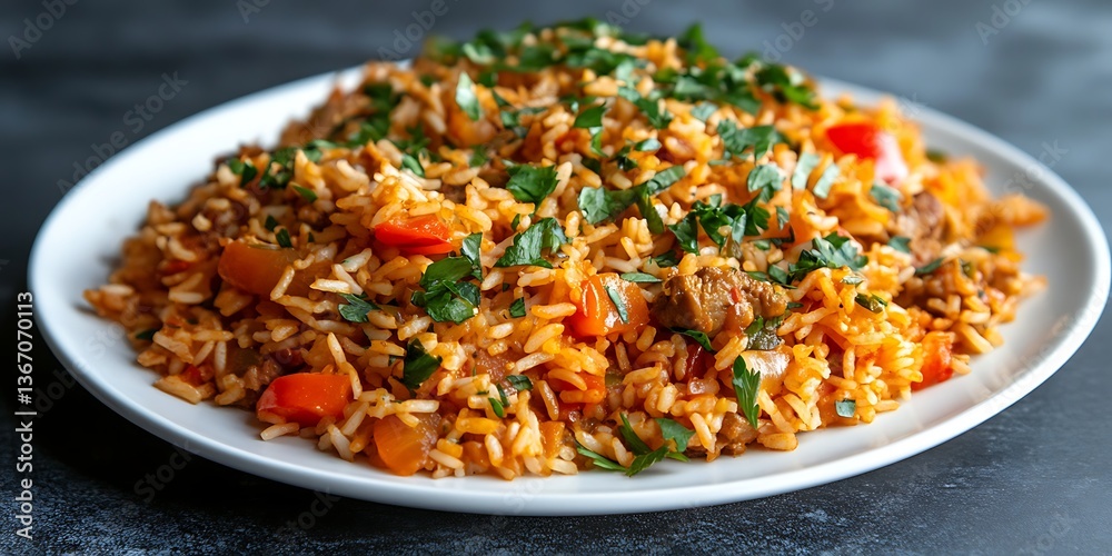 a plate of rice with meat and vegetables a plate of rice with meat and vegetables