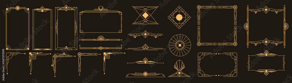 Collection of geometric art deco ornament. Luxury golden decorative element with different line, frame, headers, dividers, borders, gatsby. Calligraphy ornament set vector.