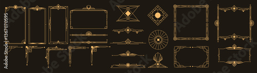Collection of geometric art deco ornament. Luxury golden decorative element with different line, frame, headers, dividers, borders, gatsby. Calligraphy ornament set vector.