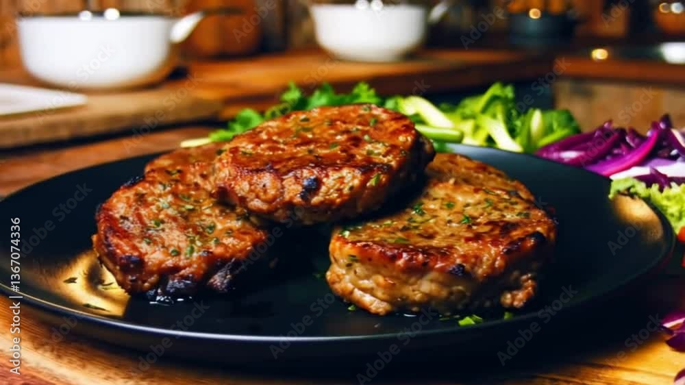 Close up of grilled steaks on a black plate with fresh vegetables in a kitchen setting indoor Close up of grilled steaks on a black plate with fresh vegetables in a kitchen setting indoor