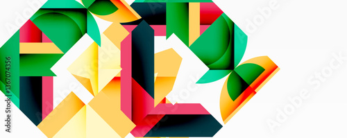 Abstract geometric artwork with interwoven angular and curved shapes, dynamic composition with smooth gradients and bold contrasts