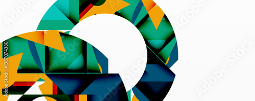 Abstract geometric artwork with interwoven angular and curved shapes, dynamic composition with smooth gradients and bold contrasts