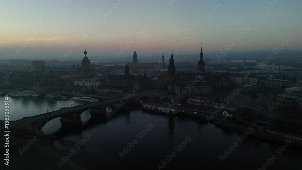 Aerial view of Dresden at sunset, showcasing the cityscape overlooking the Elbe River Aerial view of Dresden at sunset, showcasing the cityscape overlooking the Elbe River
