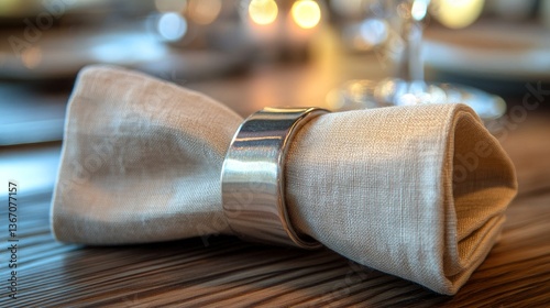 closeup of cloth napkins with silver ring holder photo