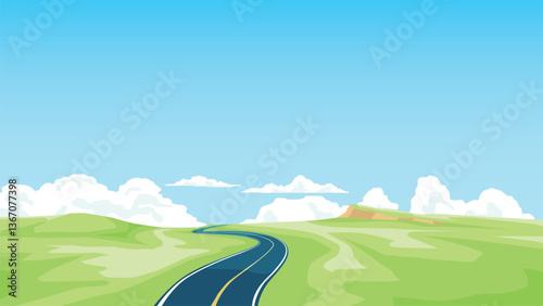 Stylized landscape a winding road leading into the distance. Fluffy white clouds dot a bright blue sky above rolling green low hills. Whimsical scene that evokes a sense of journey and open space.