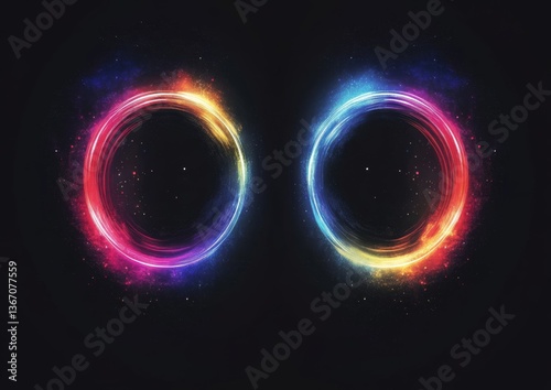 Abstract black background with multicolored light waves forming two circular shapes on the left and right side of the screen
