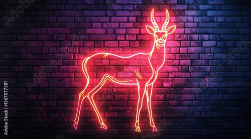 A deer is drawn with a glowing neon line against a brick wall background. A glowing neon sign forms a contour drawing of a deer against a dark grunge style brick wall.