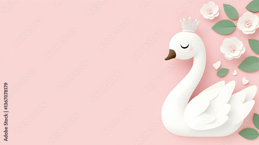 Fototapeta premium Charming Whimsical Swan Artwork with Floral Accents on Pink Background