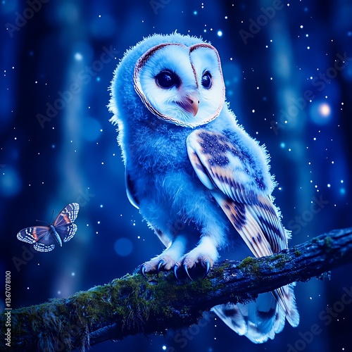 Mystical Barn Owl on Mossy Branch with Butterfly in the Night Forest Magical Ambiance