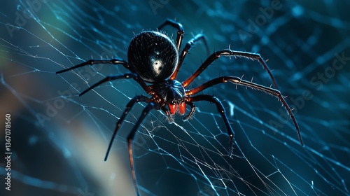 A black widow spider sitting in the center of its web.