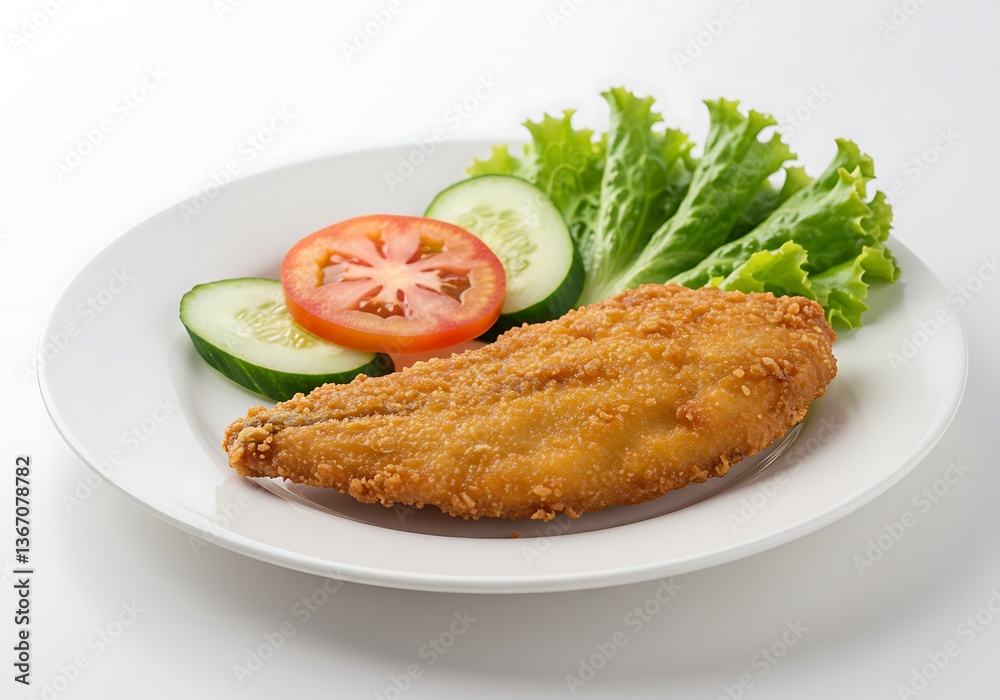 Crispy Fried Fish Fillet with Fresh Salad on a White Plate Crispy Fried Fish Fillet with Fresh Salad on a White Plate