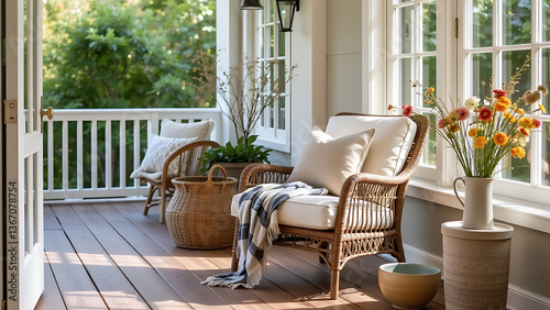 A tranquil terrace interior designed with a focus on warmth and simplicity, featuring a garden armchair styled with cozy pillows and a plaid throw