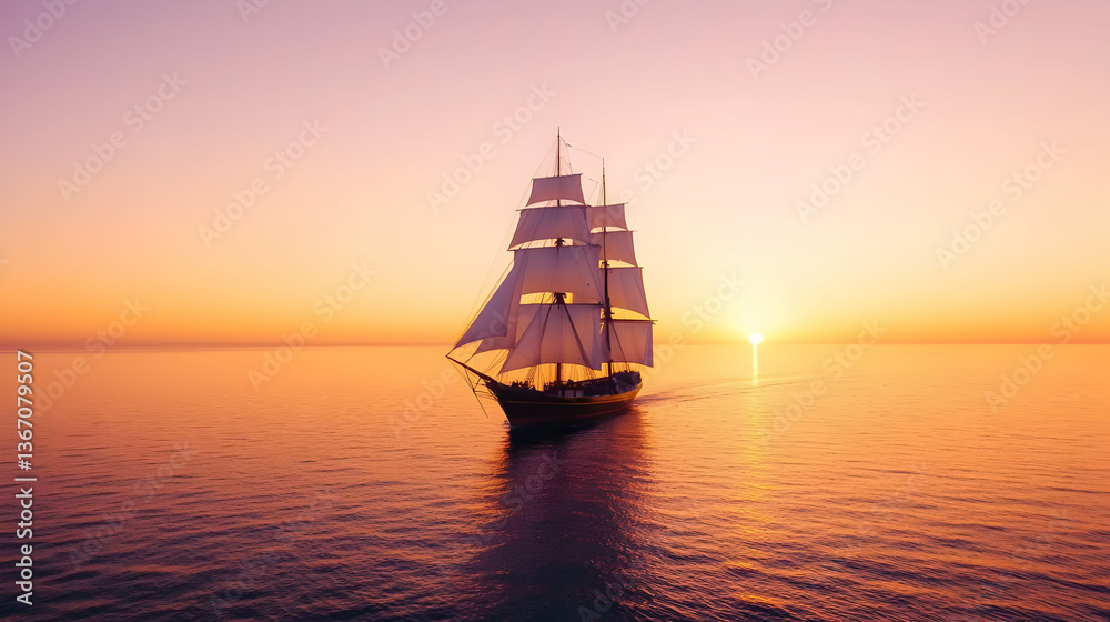 Obraz premium Classic Tall Ship Sailing Through a Glowing Sunset Over Calm Waters