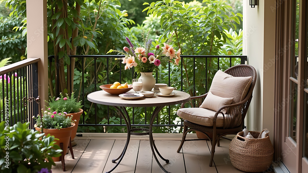 A charming terrace corner with a thoughtfully arranged table featuring handcrafted tableware, a fruit bowl, and a vase filled with fresh flowers A charming terrace corner with a thoughtfully arranged table featuring handcrafted tableware, a fruit bowl, and a vase filled with fresh flowers