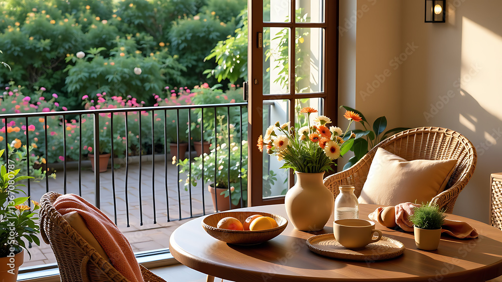 Fototapeta premium A cozy terrace interior with a round wicker table, a plush garden chair, a ceramic vase holding fresh flowers, a woven bowl filled with tropical fruits, simple tableware in earthy tones