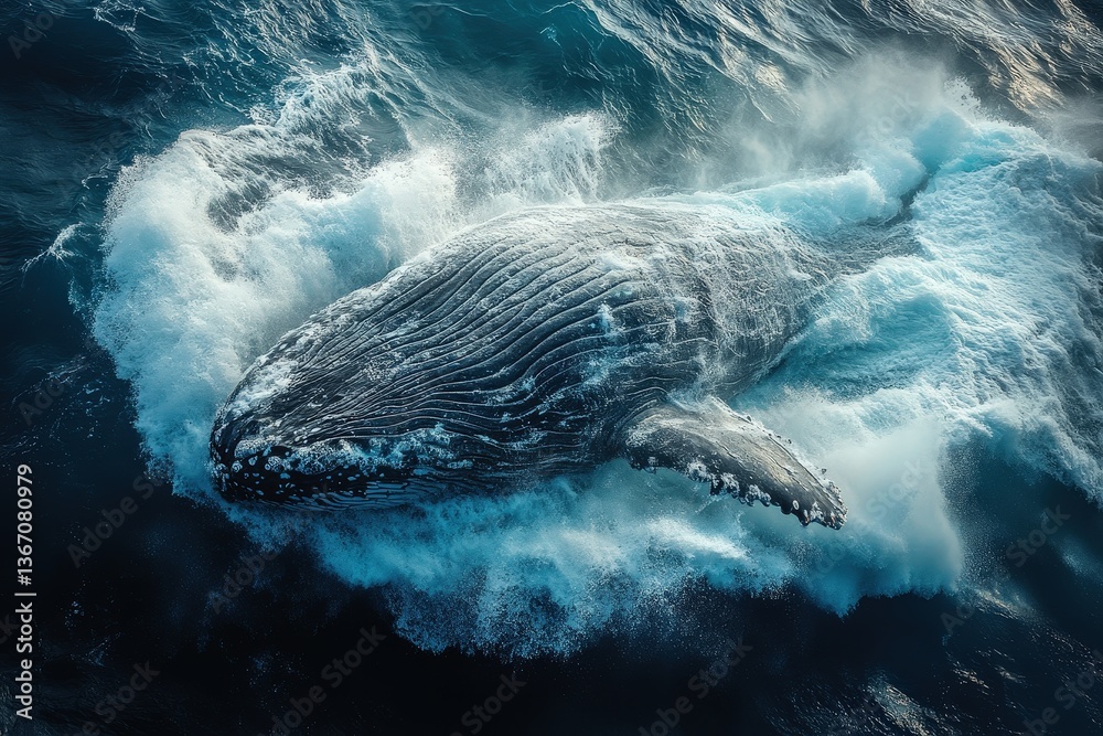 Obraz premium Impressive Whale Gracefully Navigates Through Powerful Ocean Waves in a Breathtaking Marine Environment