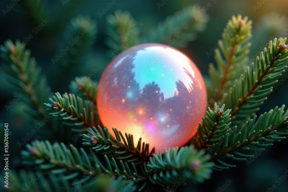 Obraz premium Iridescent eggshell-like sphere nestled among evergreen branches, misty, foliage, Christmas lights