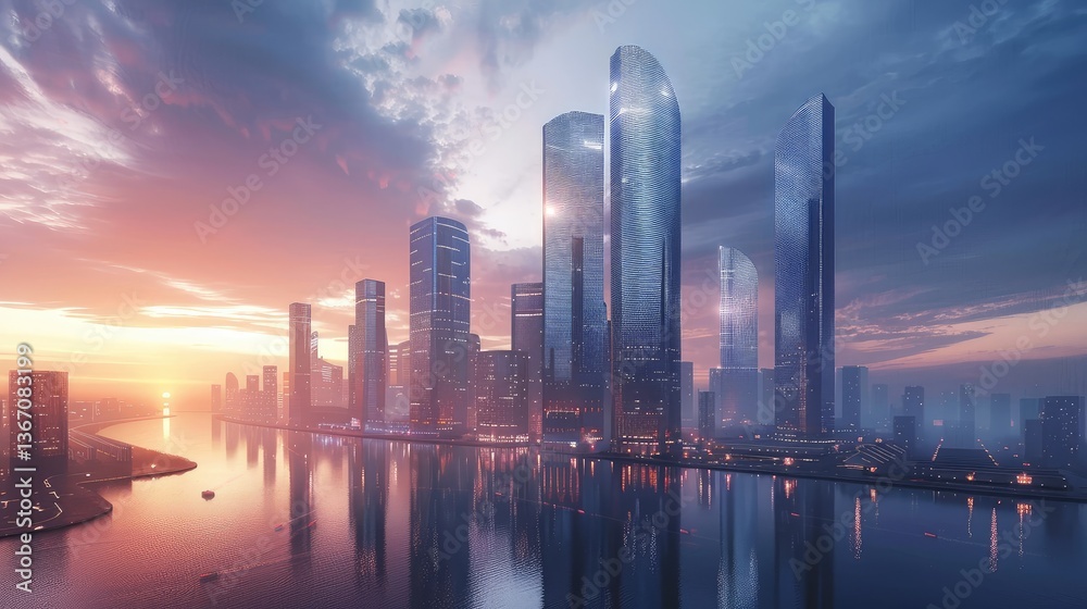 Obraz premium Captivating Urban Skyline at Sunset with Reflective Waters