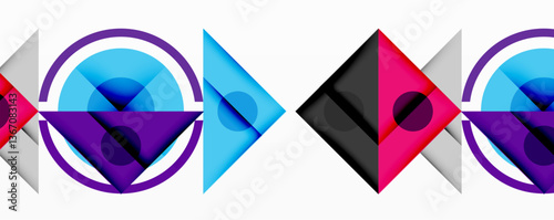 Geometric abstract design with layered triangles, circles, and gradients, forming a structured pattern with sharp contrasts and depth