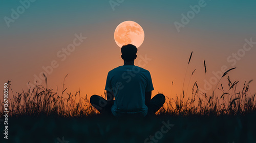 Man Meditating Under a Full Moon