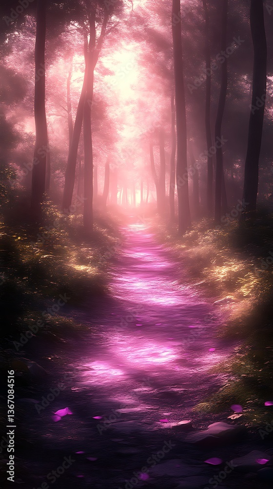 Fototapeta premium Walking Path Through Mystic Forest with Pink Glow and Sunlight