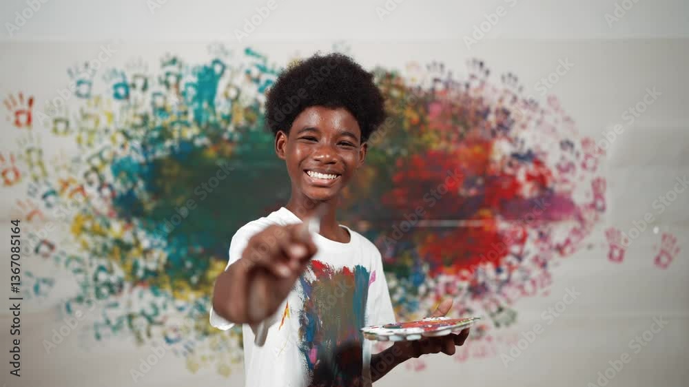 African boy standing at colorful stained wall while holding brush and point at camera. Happy high school student wearing white shirt with stain color and look at camera with confident. Edification African boy standing at colorful stained wall while holding brush and point at camera. Happy high school student wearing white shirt with stain color and look at camera with confident. Edification