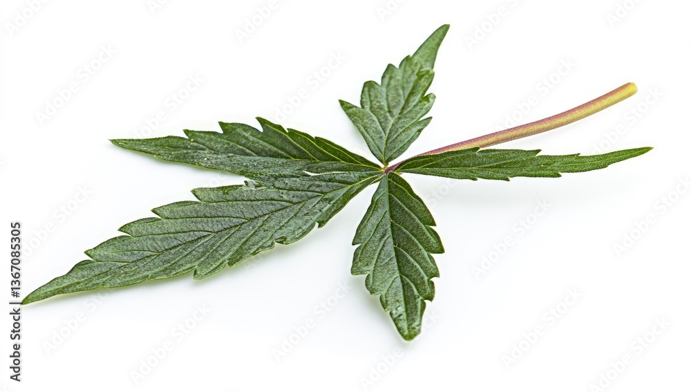 Single hemp leaf, vibrant green, isolated on white background. Detailed veins and structure visible Single hemp leaf, vibrant green, isolated on white background. Detailed veins and structure visible