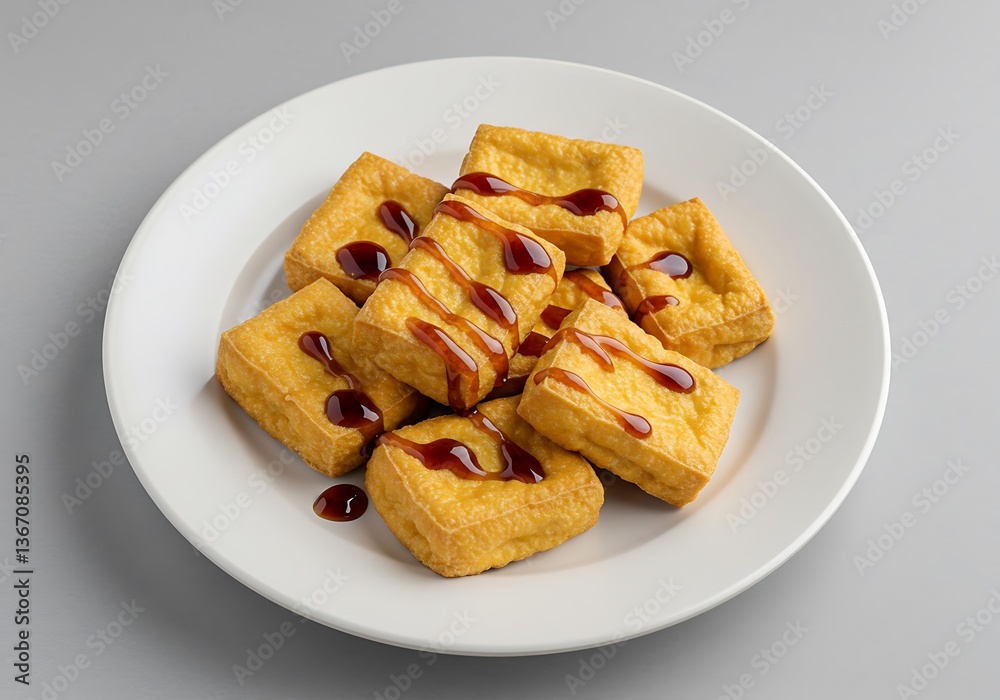 Fried Tofu Topped with Sauce on White Plate, Healthy Meal Concept Fried Tofu Topped with Sauce on White Plate, Healthy Meal Concept