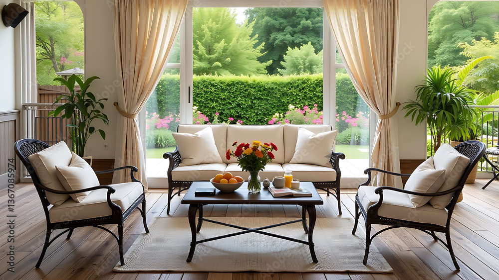 Obraz premium An inviting terrace setup with elegant garden furniture arranged on a wooden floor, complemented by a table decorated with seasonal fruits in a bowl, fresh flowers in a vase, and personal accessories