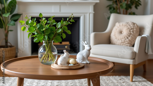 An elegant Easter living room setup featuring a wooden coffee table paired with seasonal decor like a glass vase of vibrant green leaves and a white bunny figurine